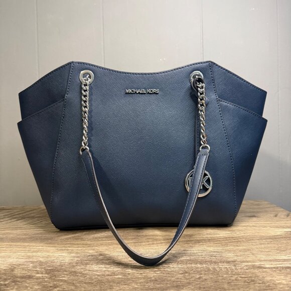 MICHAEL KORS Jet Set Chain Tote Shoulder Bag In Navy Blue Leather - Picture 3 of 10
